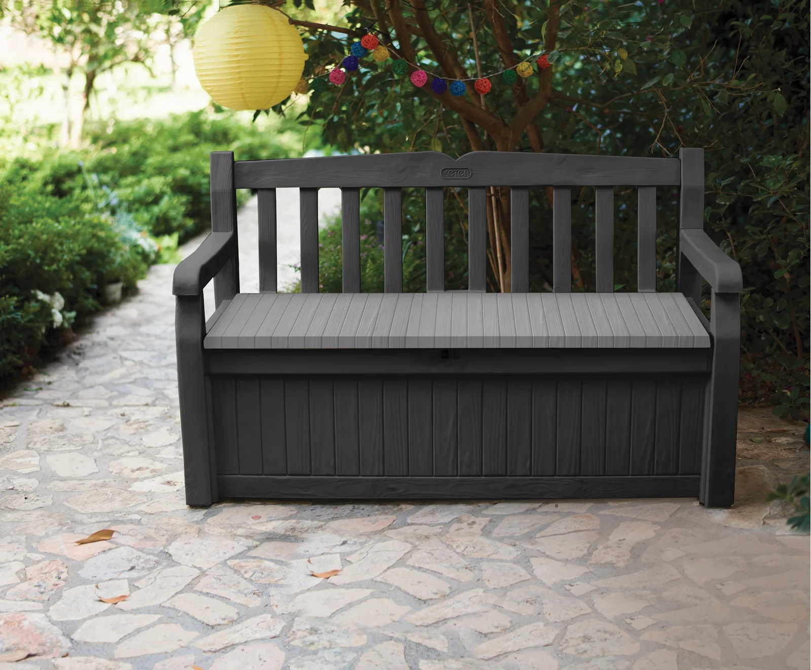 【Storage Shed】Solana Chic Elegant Wood-Look Storage Bench with Comfy Durable Weather Resistance Sitting
