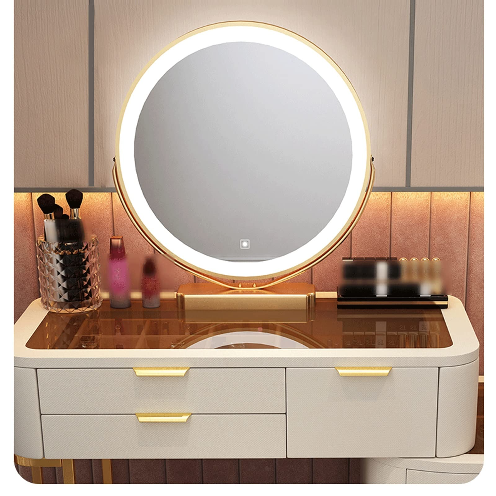 【Furniture】【BS】Nordic Dressing Table with Mirror, Stool & 3 Light Effect LED Mirrors, Golden Iron Dresser