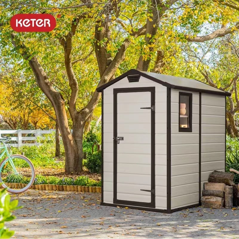 KETER Manor 4x6 Resin Outdoor Storage Shed Kit-Perfect to Store Patio Furniture, Garden Tools Bike Accessories, Beach Chairs and Lawn Mower, Grey & White