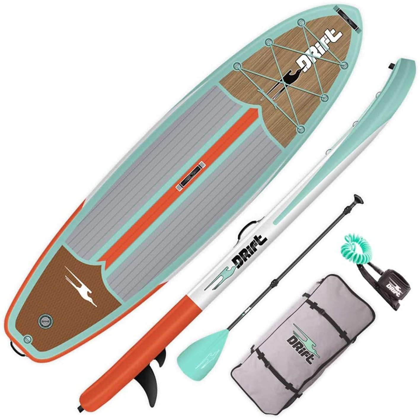 DRIFT Inflatable Stand Up Paddle Board, SUP with Paddle, Backpack Travel Bag, Pump, Fin, & Coiled Leash