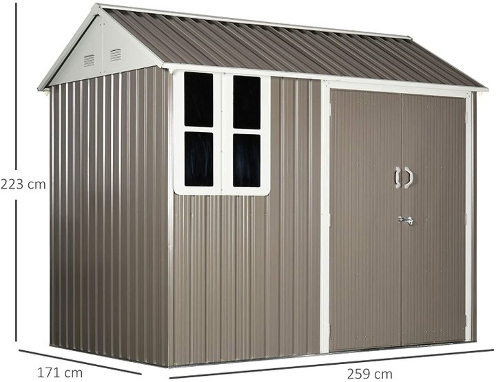 Outsunny 845-331 8 x 6 ft Corrugated Metal Shed w/Double Door Window Sloped Roof Outdoor Equipment Tool Storage Garden Grey