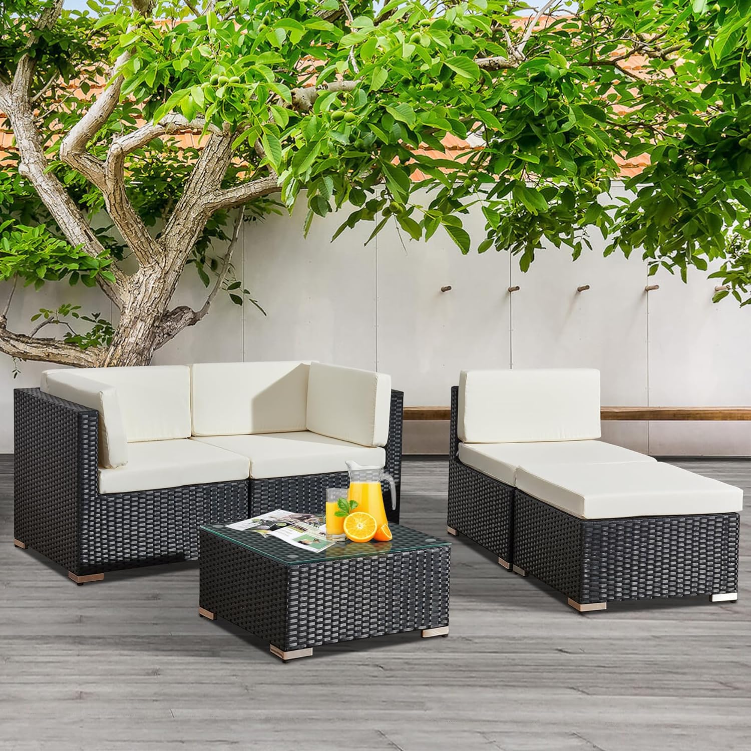 Aweather 5 Piece Rattan Garden Furniture Outdoor Rattan Corner Sofa Set, With Glass Coffee Table, for Garden, Poolside, Backyard