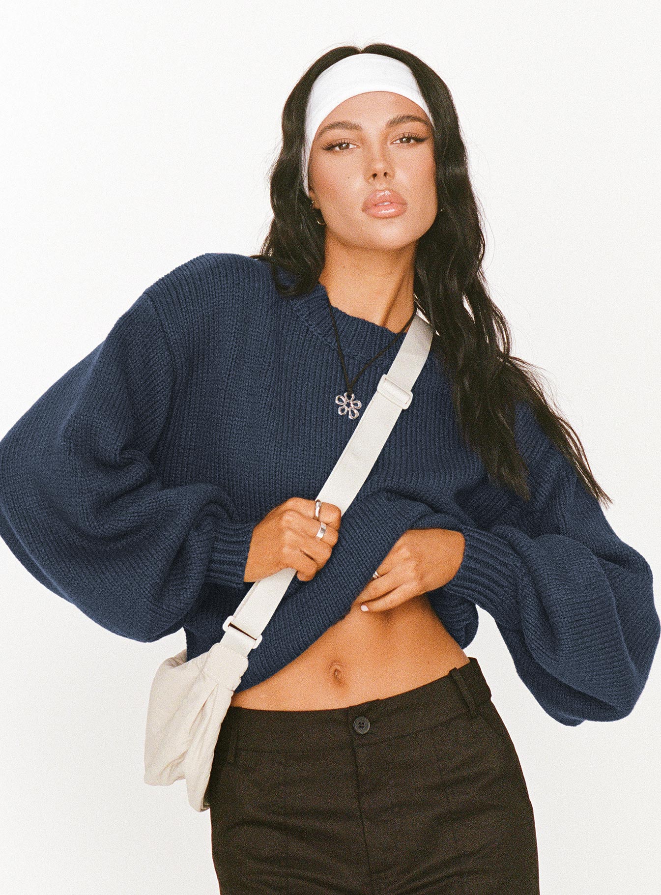 Harmony Balloon Sleeve Knit Sweater Navy