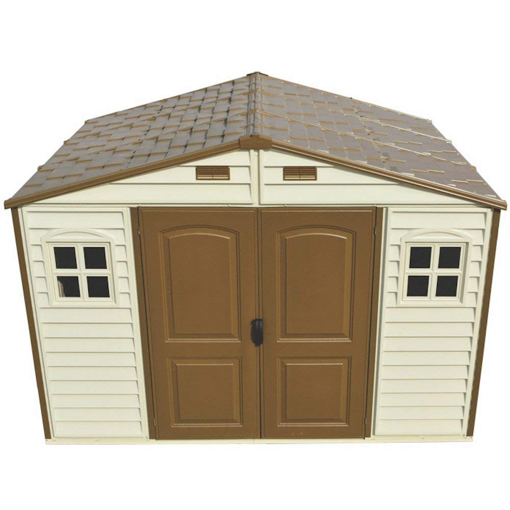 【Storage Shed】10x8 Feet V2 Wood Side Vinyl Shed - Ivory/Brown
