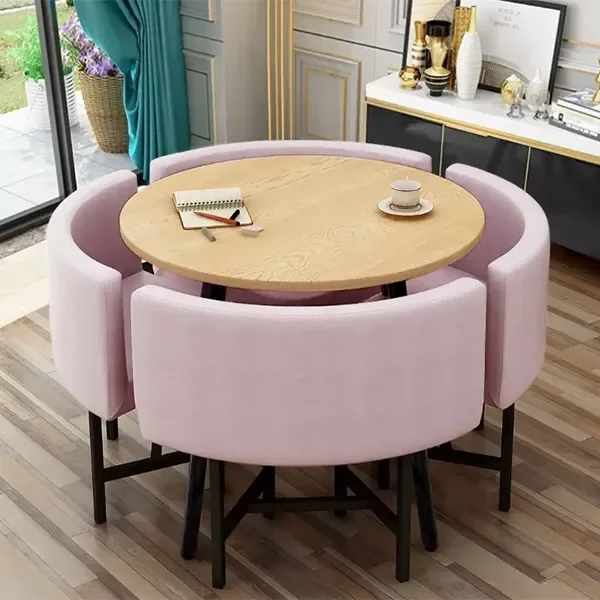 【Furniture】【BS】Small Round Wooden Dining Table Set with 4 Upholstered Chairs for Corner Balcony