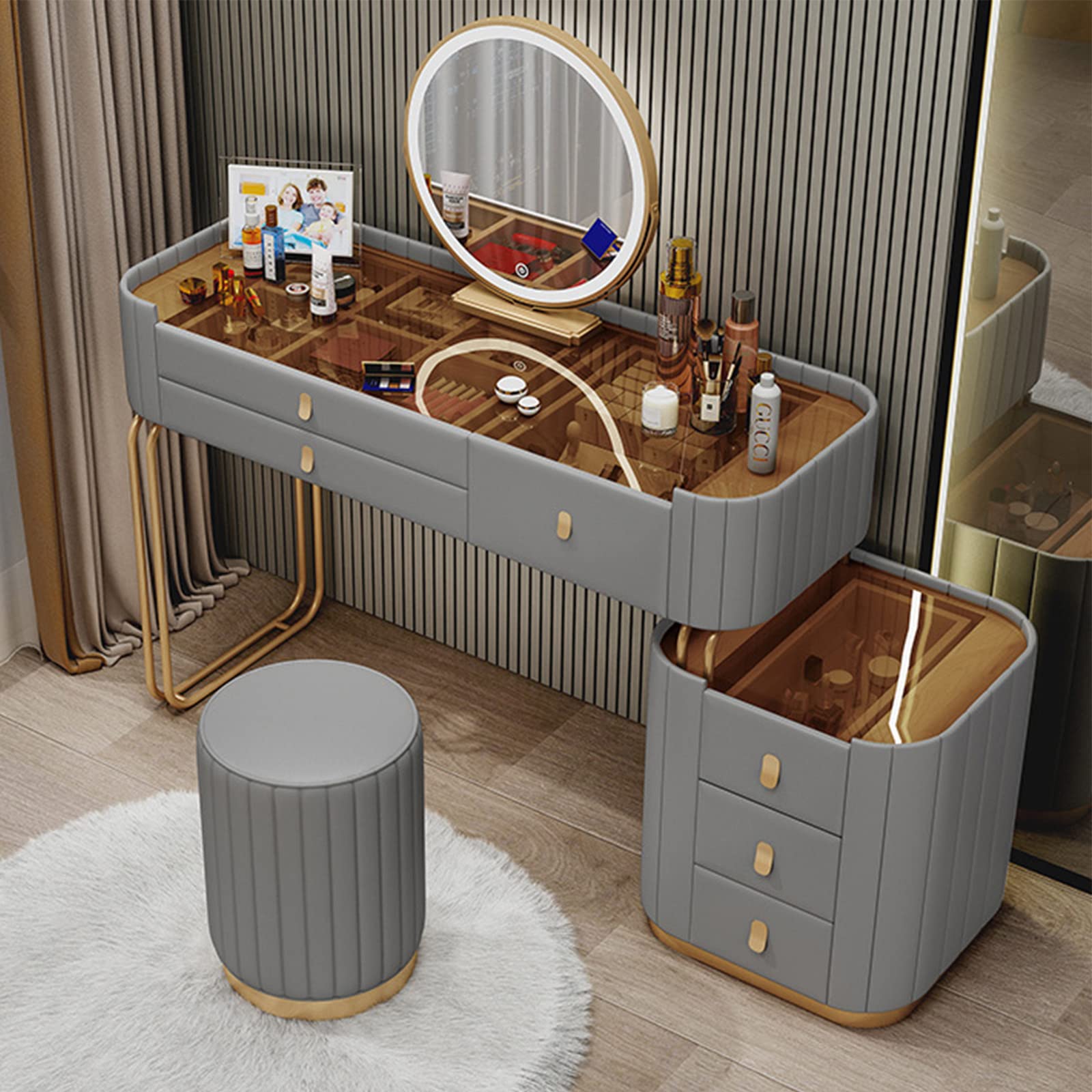 【Furniture】【BS】Nordic Dressing Table with Mirror, Stool & 3 Light Effect LED Mirrors, Golden Iron Dresser