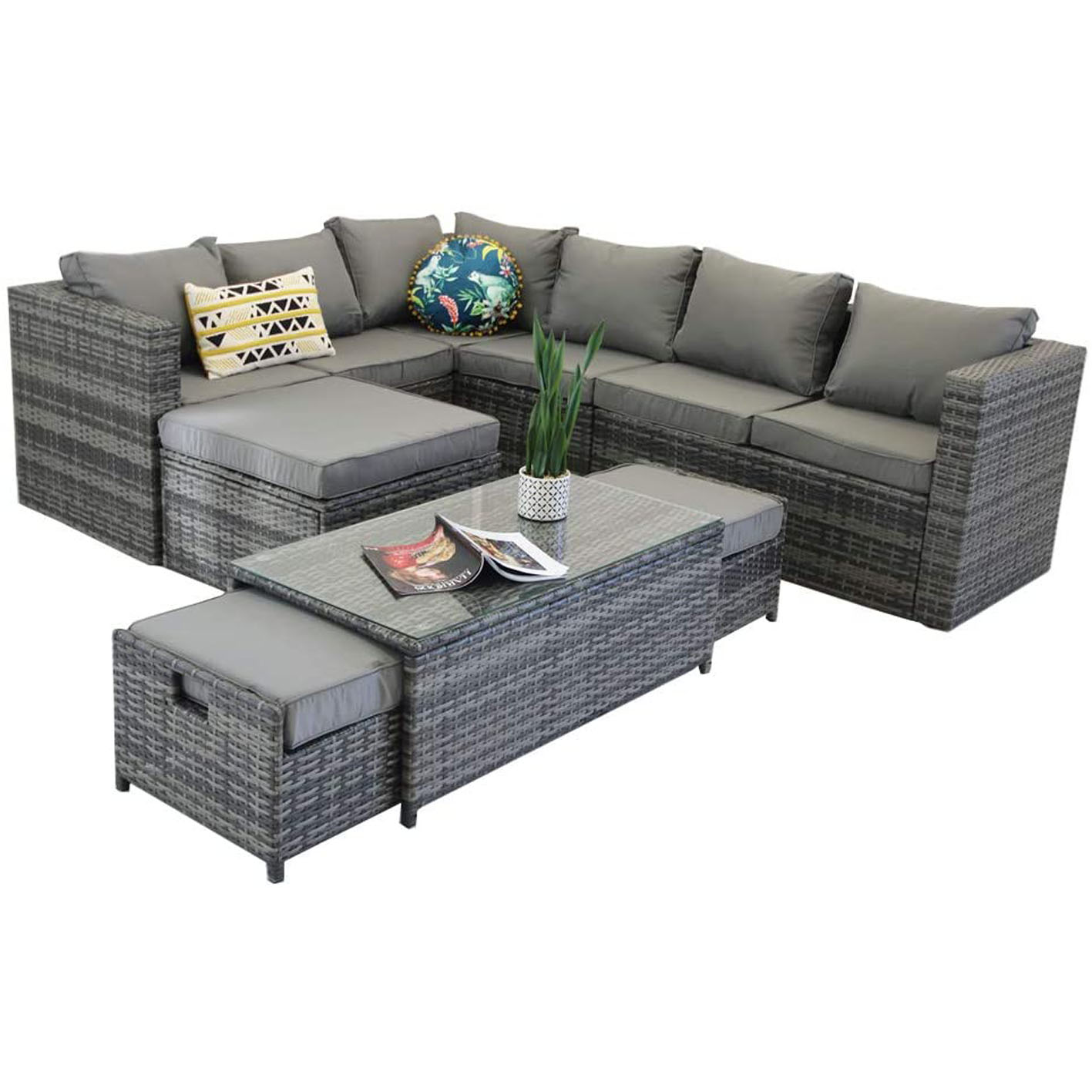YAKOE VANCOUVER 9 SEATER CORNER RATTAN GARDEN SET IN GREY WITH FITTING COVER