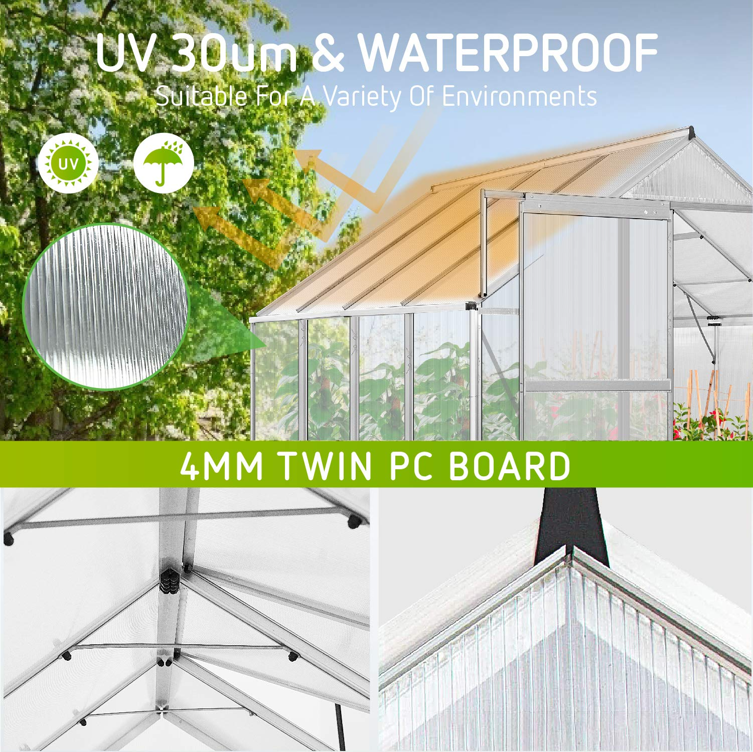 【Home&Garden】【BS】Aluminum Green House with Sliding Door and 2 Ventilation Window, 8.2x6.2x6.7 ft