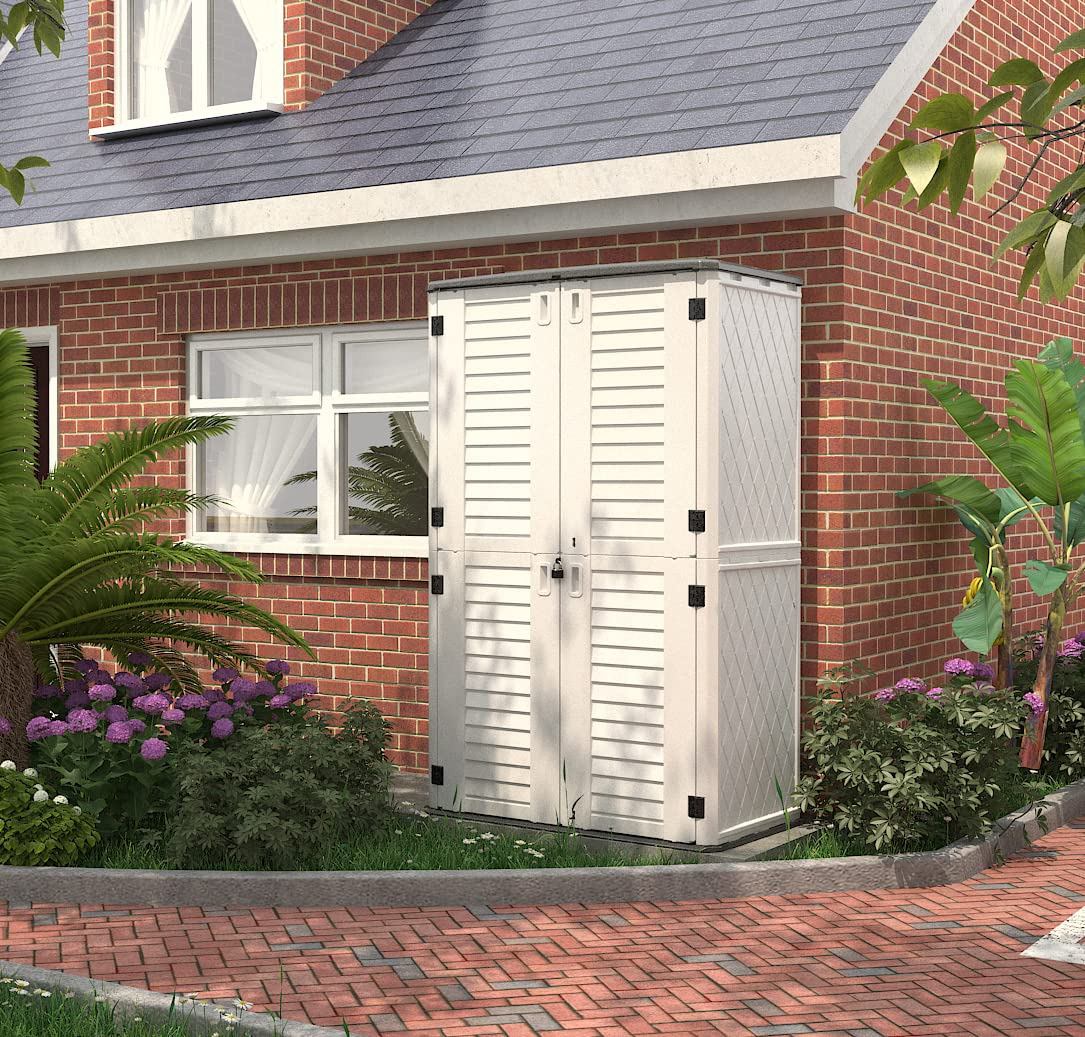 【Storage Shed】Outdoor Storage Shed Waterproof, Resin Vertical Storage Cabinet Double-Layered