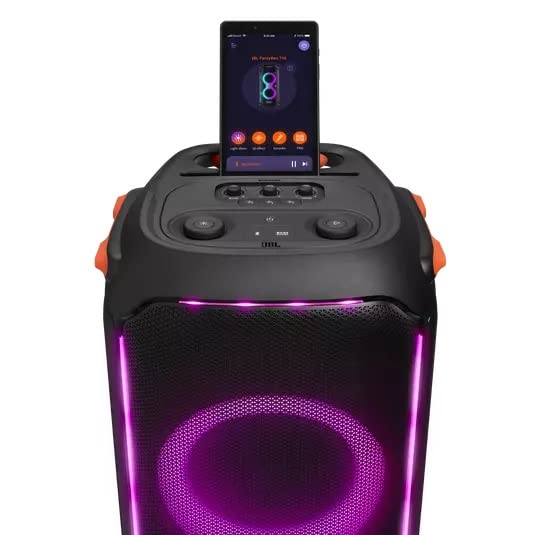 JBL PartyBox 710 -Party Speaker with Powerful Sound, Built-in Lights and Extra Deep Bass, IPX4 Splash Proof, App/Bluetooth Connectivity, Made for Everywhere a Handle Wheels (Black)